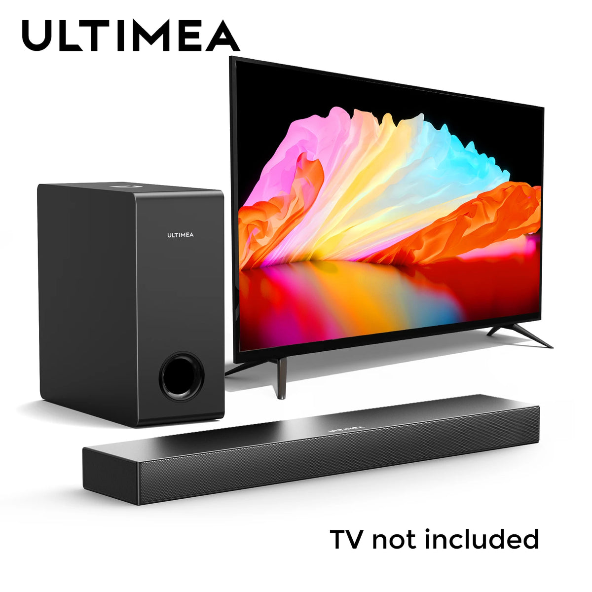 Barra de sonido negra ULTIMEA con subwoofer negro, sistema 2.1 para TV.