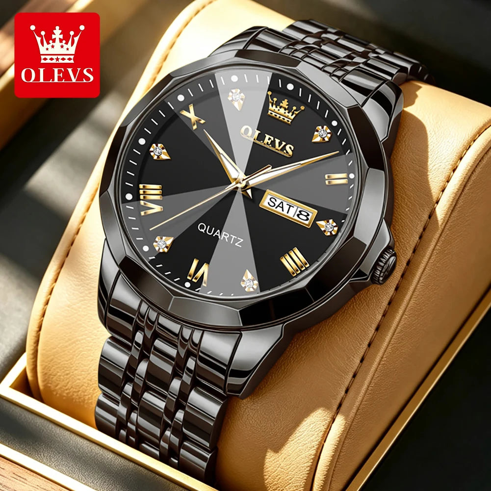 Reloj OLEVS 9931 de gran venta para hombre, moda, espejo de rombo, correa de acero sólido, fecha, resistente al agua, luminoso, reloj de cuarzo original para hombre