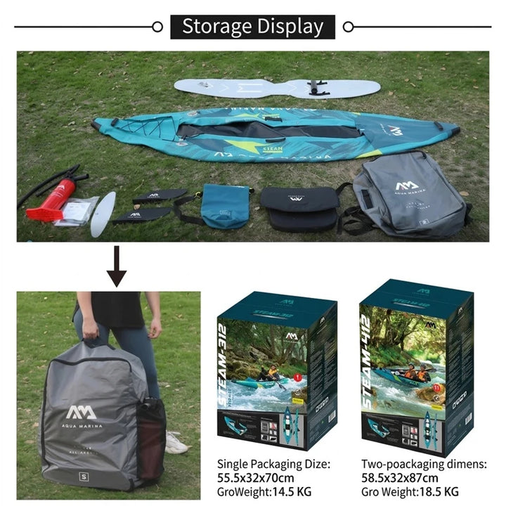 Kayak Inflable AQUA STEAM 312 para 1 Persona, con Piso de Tecnología Drop Stitch, PVC Reforzado 840D, Diseño Aerodinámico, Asiento con Respaldo Alto, Tecnología Deck Shield, para Deportes Acuáticos, Ríos, Lagos, Agua Du