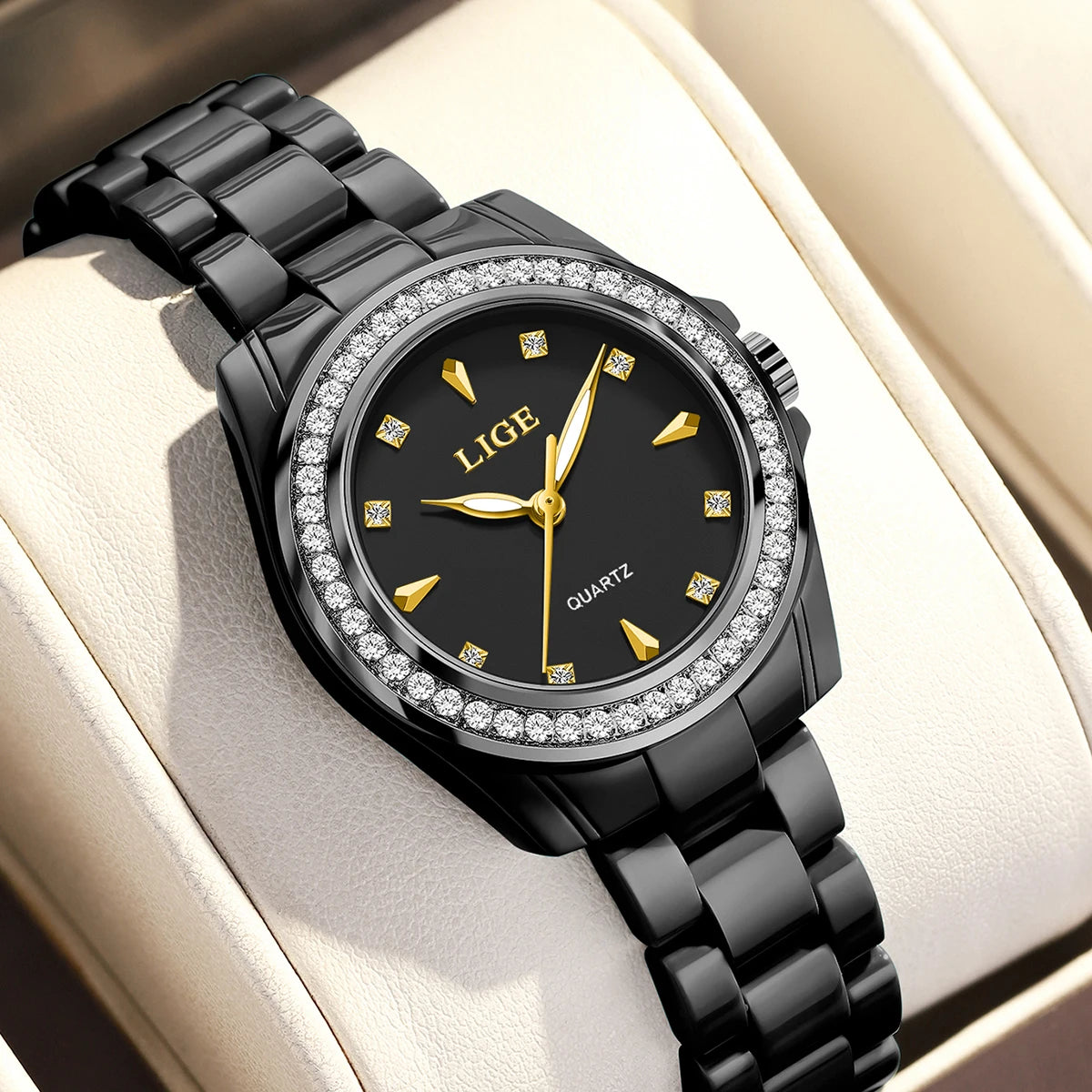 Reloj de cuarzo LIGE TOP para mujer, 2026, elegante, de cerámica, a la moda, resistente al agua, luminoso, estilo vintage, reloj para mujer + CAJA