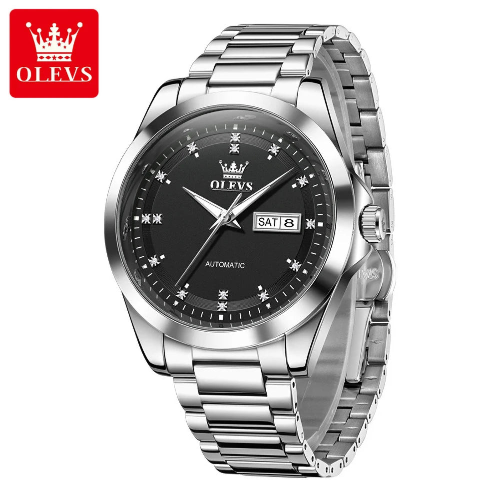 Relojes mecánicos de lujo OLEVS para hombre, reloj de pulsera automático con calendario doble, resistente al agua, luminoso, de acero inoxidable 7136