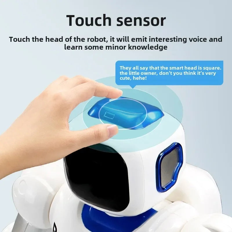 Cabeza del robot educativo blanco con sensor táctil azul y pantalla frontal