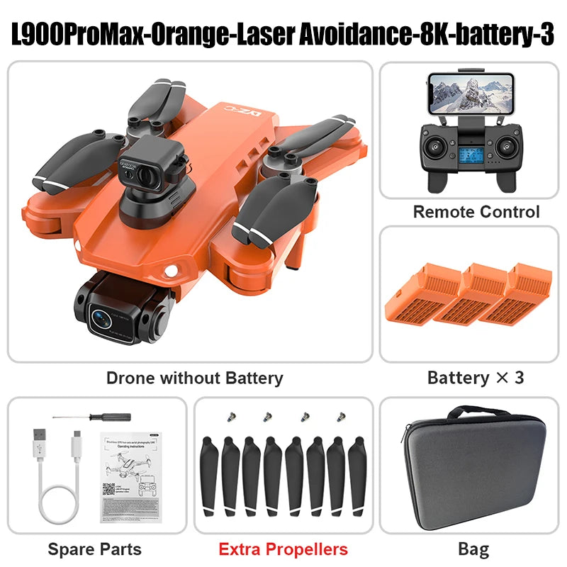 Dron naranja con tres baterías, control remoto y hélices extra incluidas