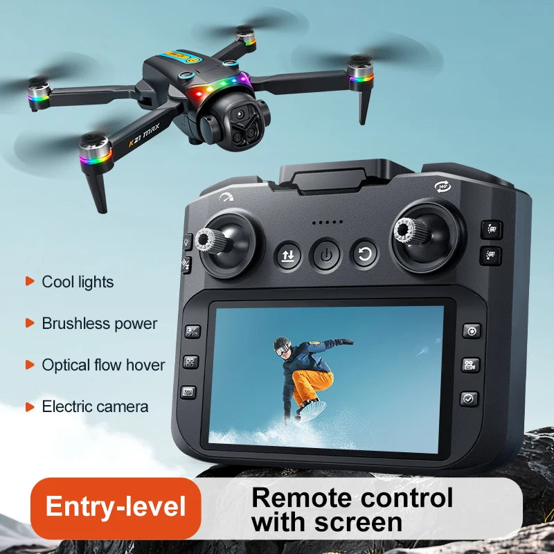 Dron plegable ZNLYRION K21MAX sin escobillas con mando a distancia con pantalla, EIS, doble cámara eléctrica, flujo óptico, luces LED de colores y RC Quadcopter