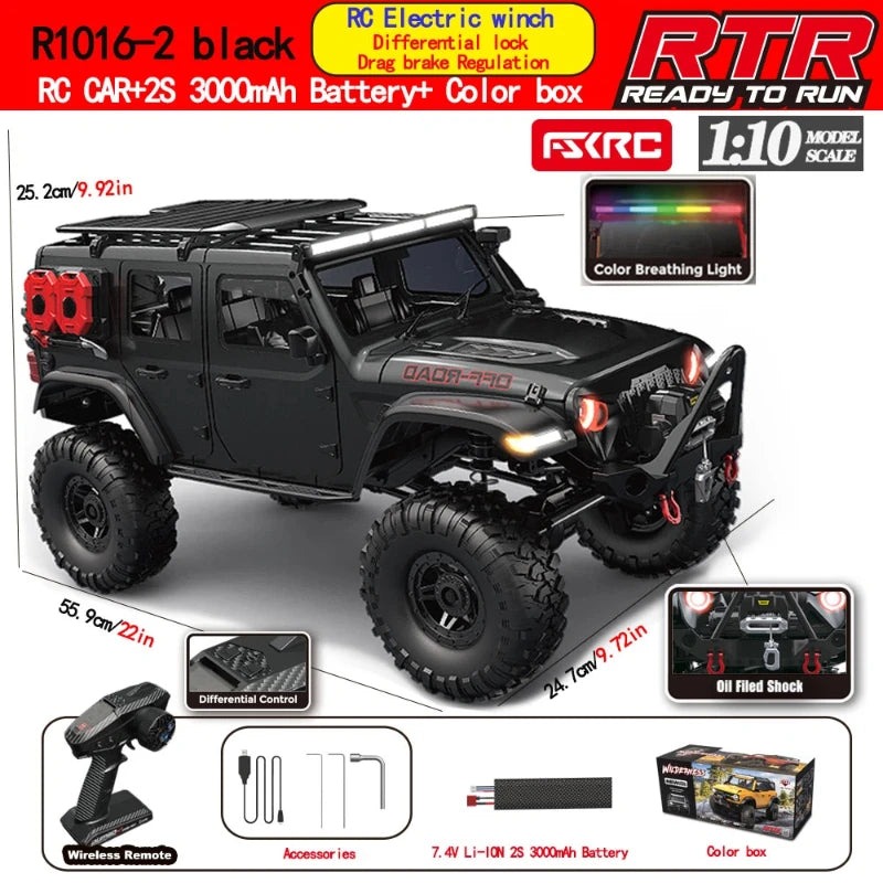 Coche RC 1:10 negro con carrocería todoterreno y ruedas grandes de tracción.