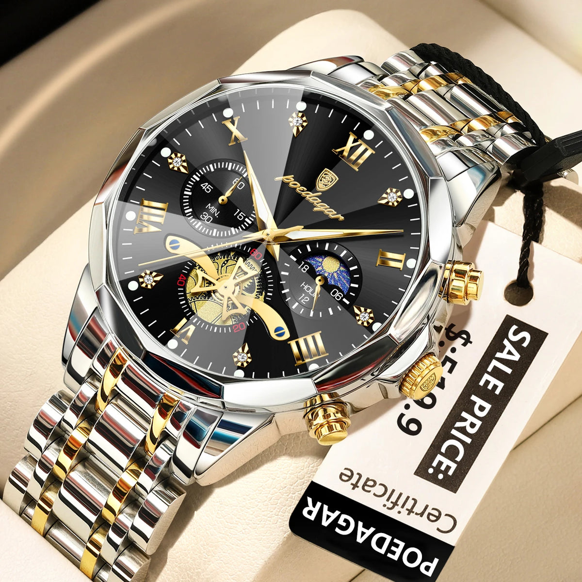 POEDAGAR Reloj de Lujo para Hombre, Reloj de Pulsera Cronógrafo Luminoso Impermeable Original Superior, de Acero Inoxidable, Relojes de Cuarzo para Hombre, Reloj