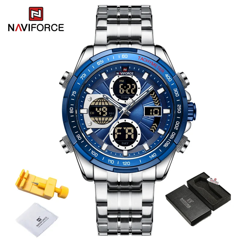 Top Luxury NAVIFORCE Men's Watch Dold Dial Quartz Double Military Time Sports Watch Steel Belt Waterproof Luminous Alarm Clock