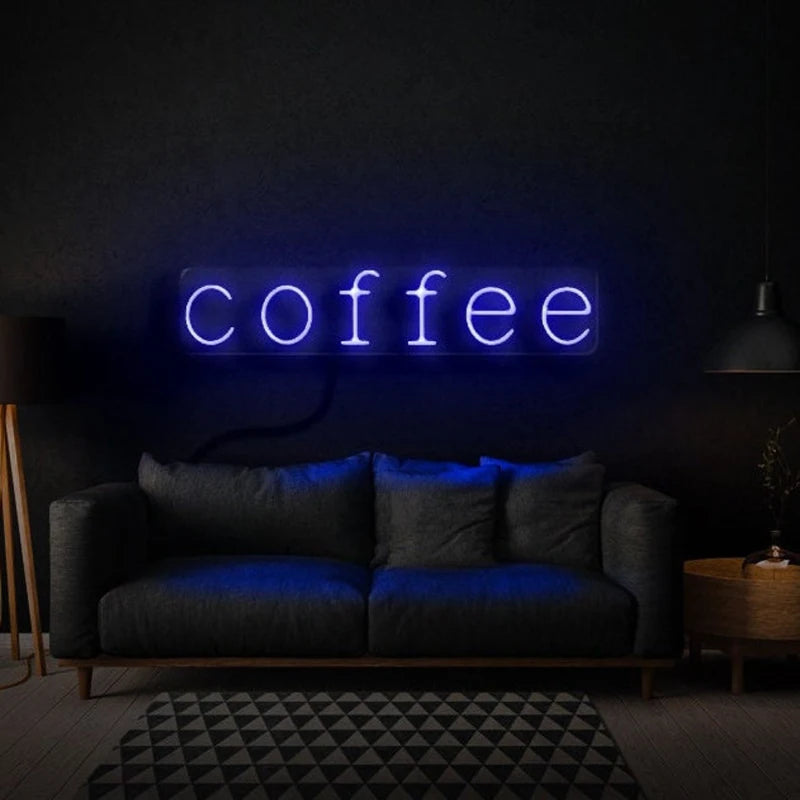 Letrero de neón “coffee” con luz azul para pared