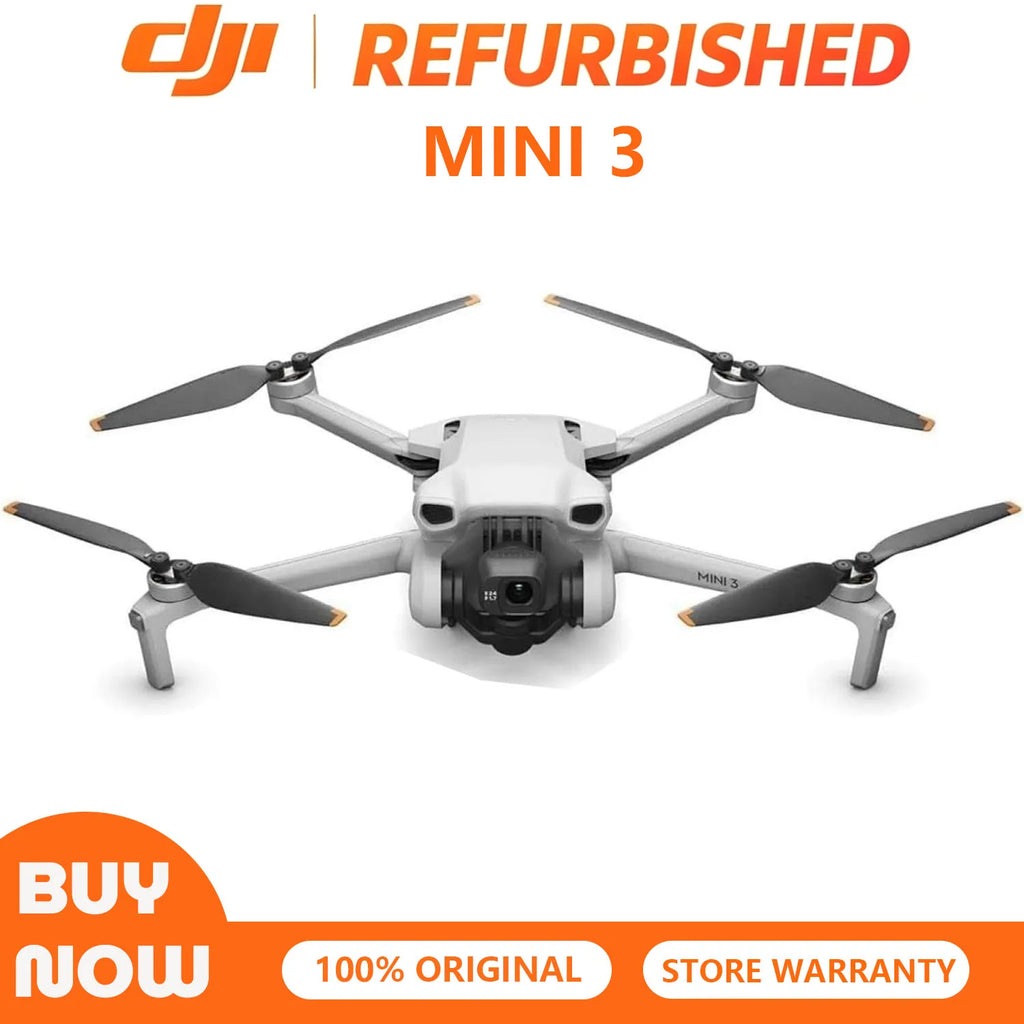 Dron DJI Mini 3 reacondicionado, vista frontal con hélices y cámara gimbal