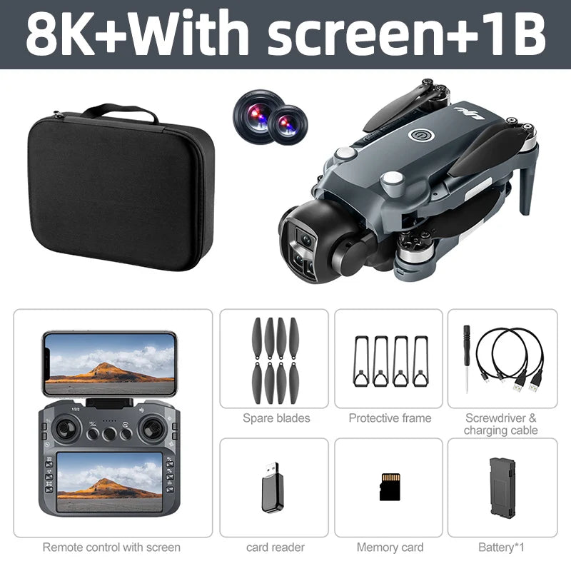 Kit de dron plegable gris con cámara dual, control con pantalla y funda