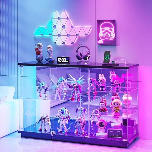 RGB Glass Display Cabinet with Lock for & Glass Shelves Collectibles, White | High Gloss Curio Cabinet Sideboard with