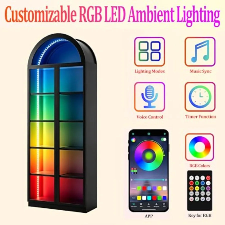 Mueble archivador arqueado para sala de estar u oficina, puerta de cristal acrílico, blanco, 77 de altura con luz LED y 6 estantes para colecciones