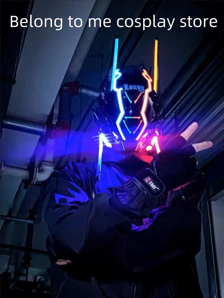 Máscara ciberpunk negra con iluminación LED azul y naranja tipo casco