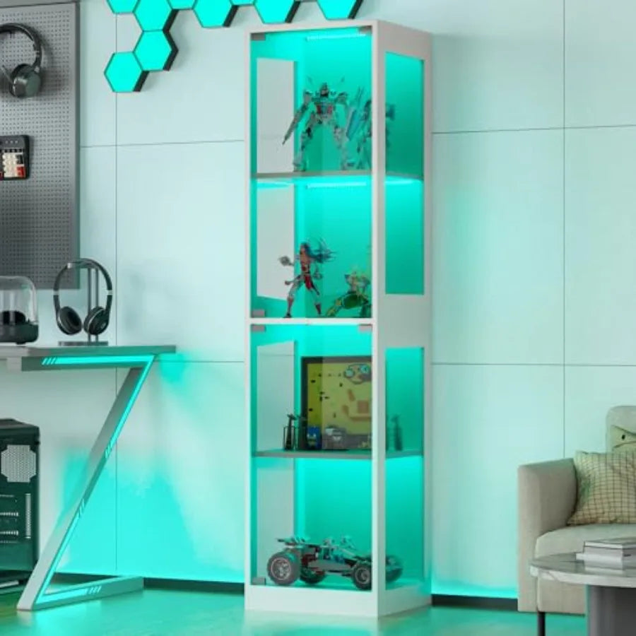 Gabinete vitrina de vidrio con 4 estantes y luces RGB verdes, marco blanco, vista interior