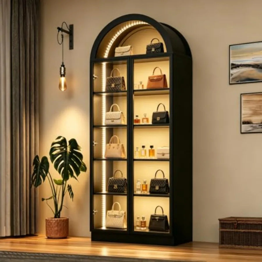 Mueble archivador arqueado para sala de estar u oficina, puerta de cristal acrílico, blanco, 77 de altura con luz LED y 6 estantes para colecciones