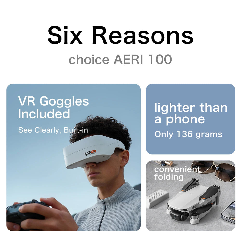 Gafas VR blancas y controlador en mano para el dron Aeri 100