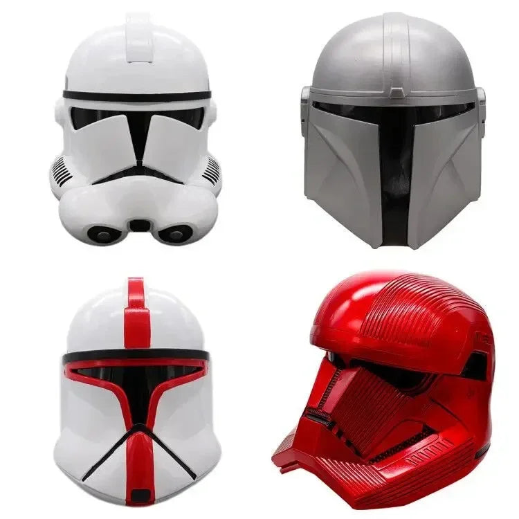 Collage de cascos Mandaloriano: blanco, gris y rojo, con viseras negras