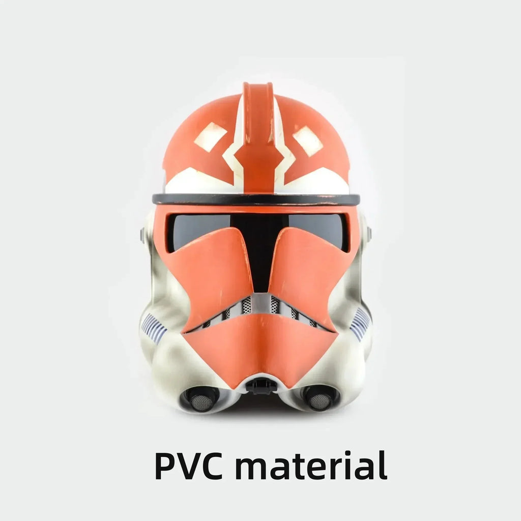 Casco de cosplay Mandaloriano naranja y blanco con visor negro y placa frontal