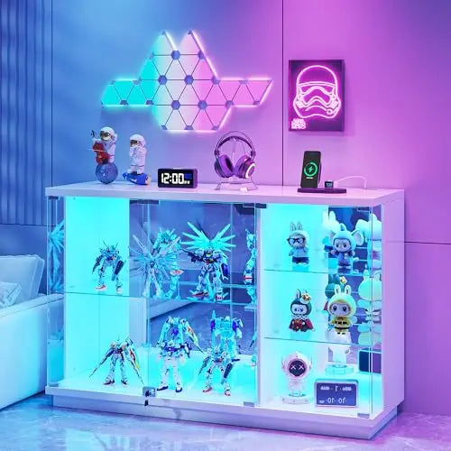 RGB Glass Display Cabinet with Lock for & Glass Shelves Collectibles, White | High Gloss Curio Cabinet Sideboard with