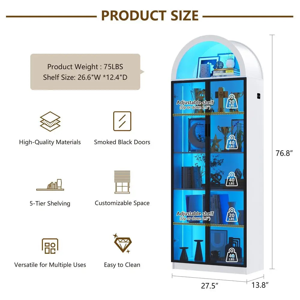 Vitrina alta de arco con puertas de vidrio ahumado y luces LED azules; diagrama de medidas