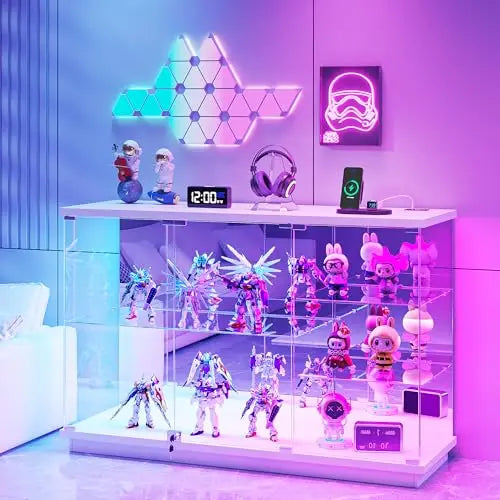 Vitrina de cristal RGB con cerradura para coleccionables y estantes de cristal, blanca | Aparador vitrina de alto brillo con