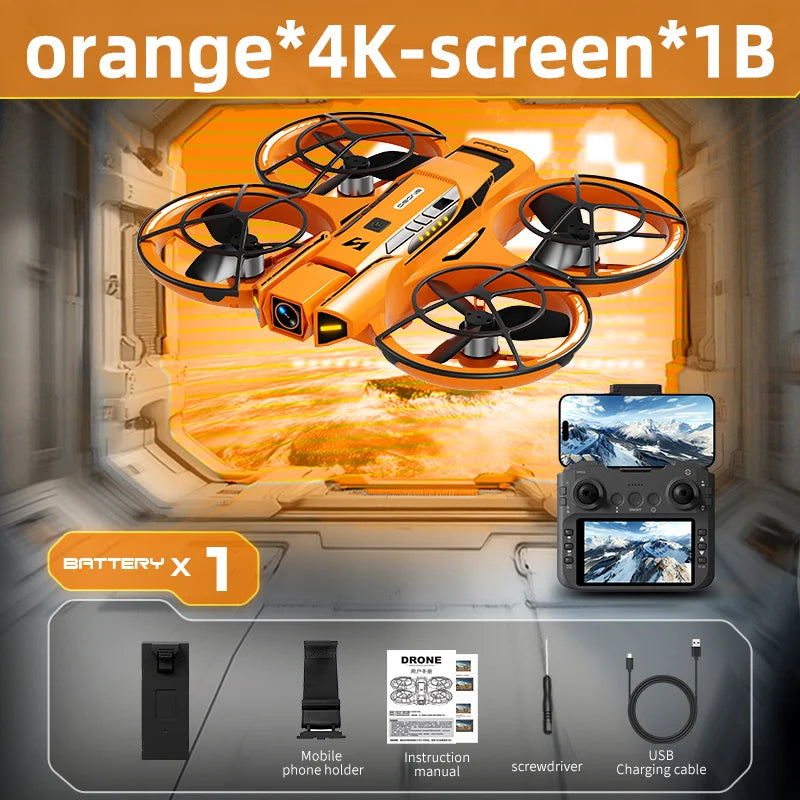 Quadcopter naranja con 4 rotores y mando gris, pantalla 4K
