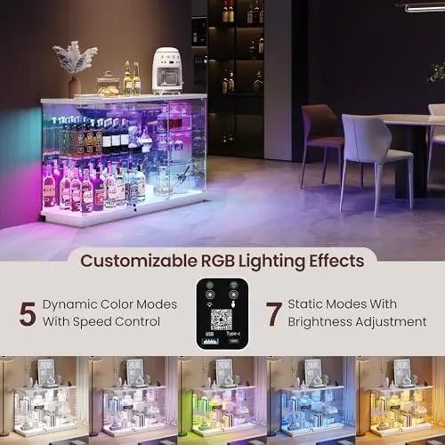 RGB Glass Display Cabinet with Lock for & Glass Shelves Collectibles, White | High Gloss Curio Cabinet Sideboard with