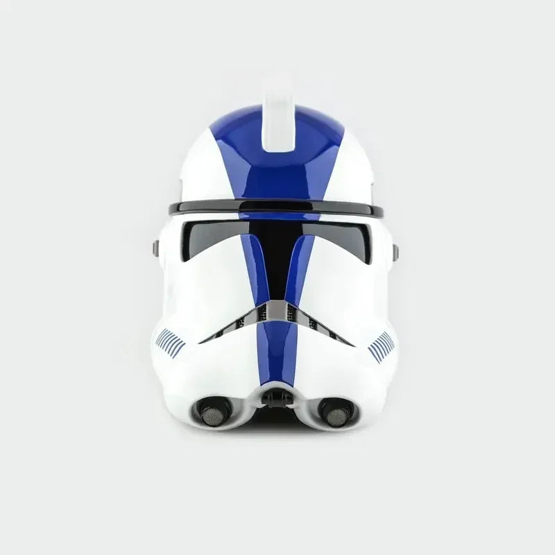 Casco de cosplay Mandaloriano blanco con paneles azules y visor negro
