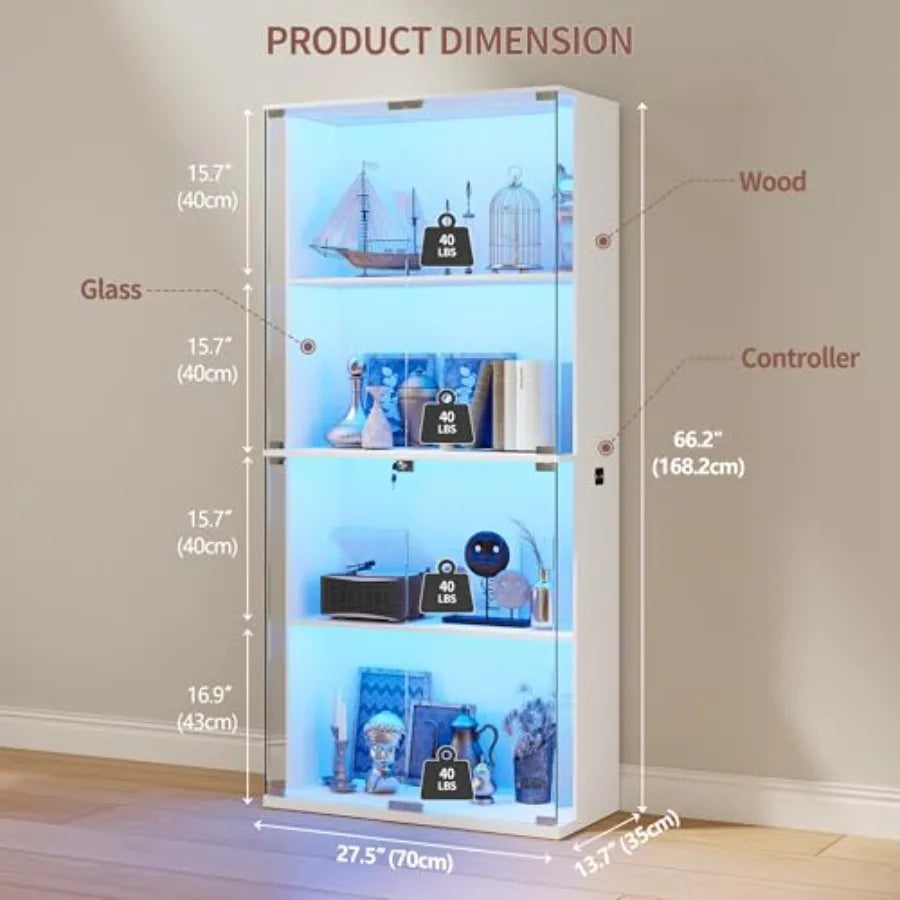 66 Glass Display Cabinet for Collectibles, Toys, Books - White Tempered Glass with 3-Color LED Lights, Lockable Storage, Motion