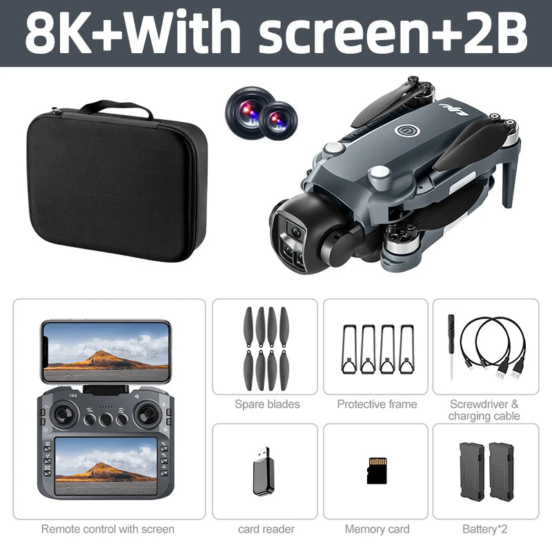Dron plegable con cámara dual y mando con pantalla, color azul/gris; incluye estuche y 2 baterías