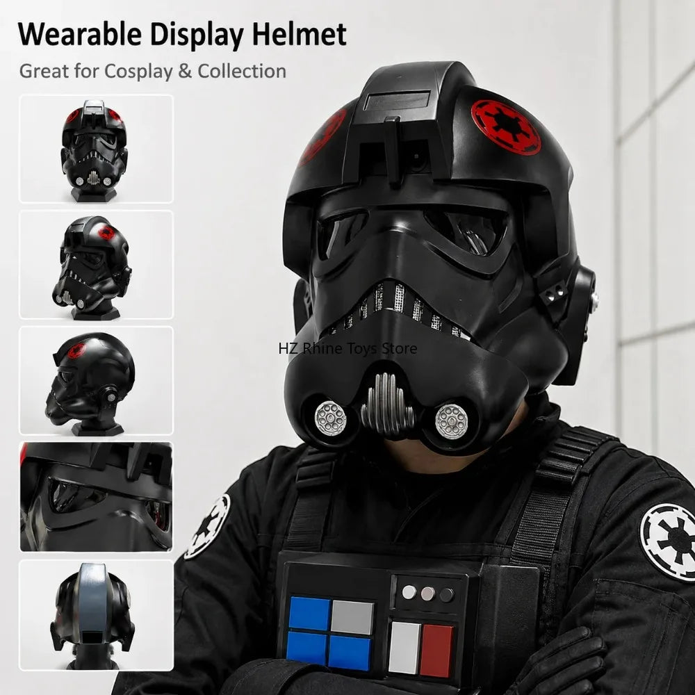 Casco de cosplay negro con emblema rojo y rejilla frontal, con máscara y arnés