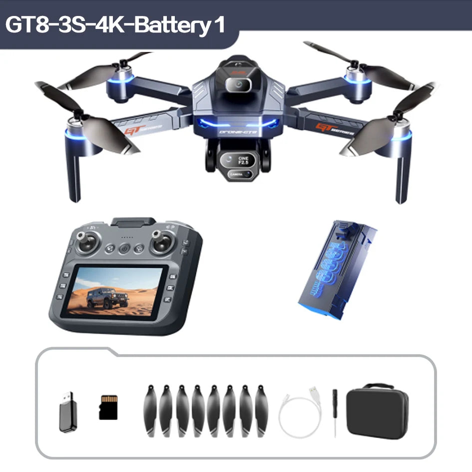 Juego de dron gris con cámara dual, control remoto con pantalla y una batería