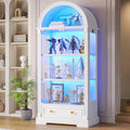 Arched display cabinet for living room, tempered glass doors, white finish, human sensor LED lights, 4-tier curio cabinet for c