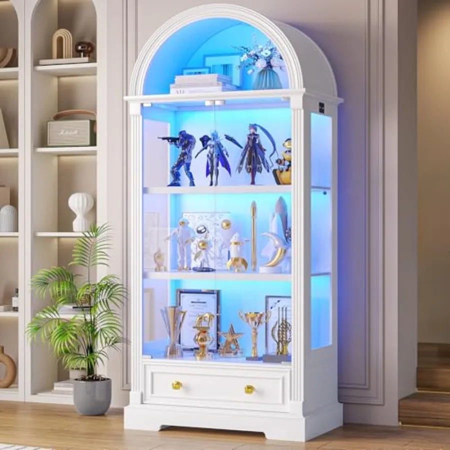 Vitrina con arco para sala de estar, puertas de vidrio templado, acabado blanco, luces LED con sensor humano, vitrina de curiosidades de 4 niveles para c