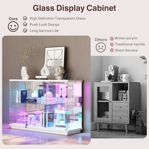 RGB Glass Display Cabinet with Lock for & Glass Shelves Collectibles, White | High Gloss Curio Cabinet Sideboard with