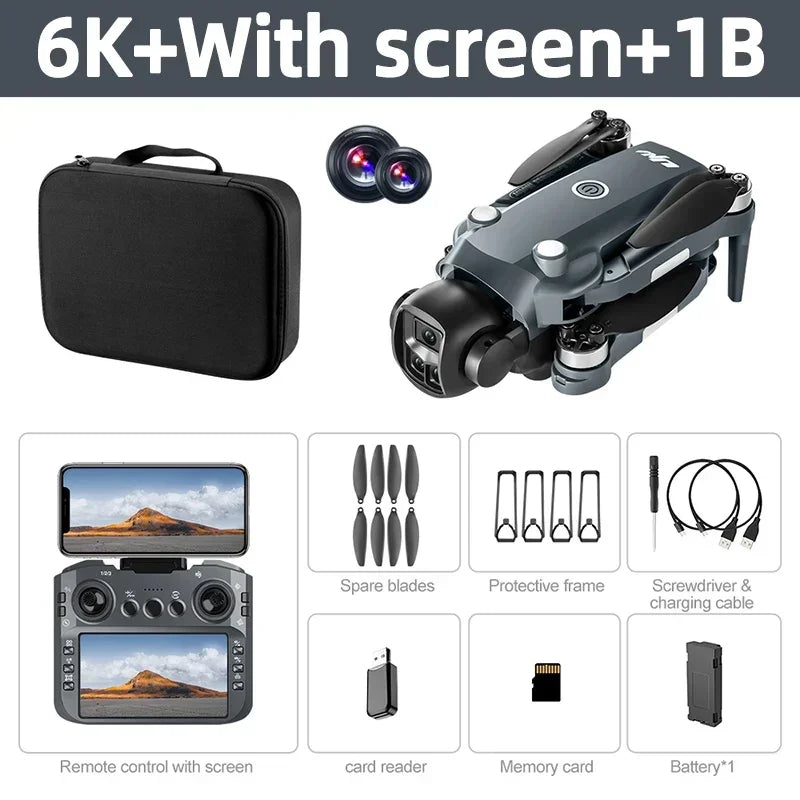 Dron plegable con cámara dual y mando con pantalla, color azul/gris; incluye estuche y 1 batería