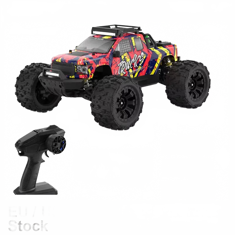 Camioneta RC todoterreno 4WD roja con llantas grandes negras