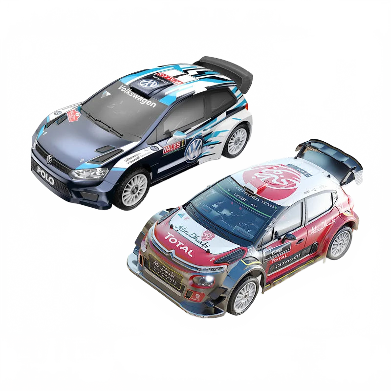 Pack de coches RC HYPER GO 1:7: uno azul y otro rojo, carrocerías WRC en 3/4.