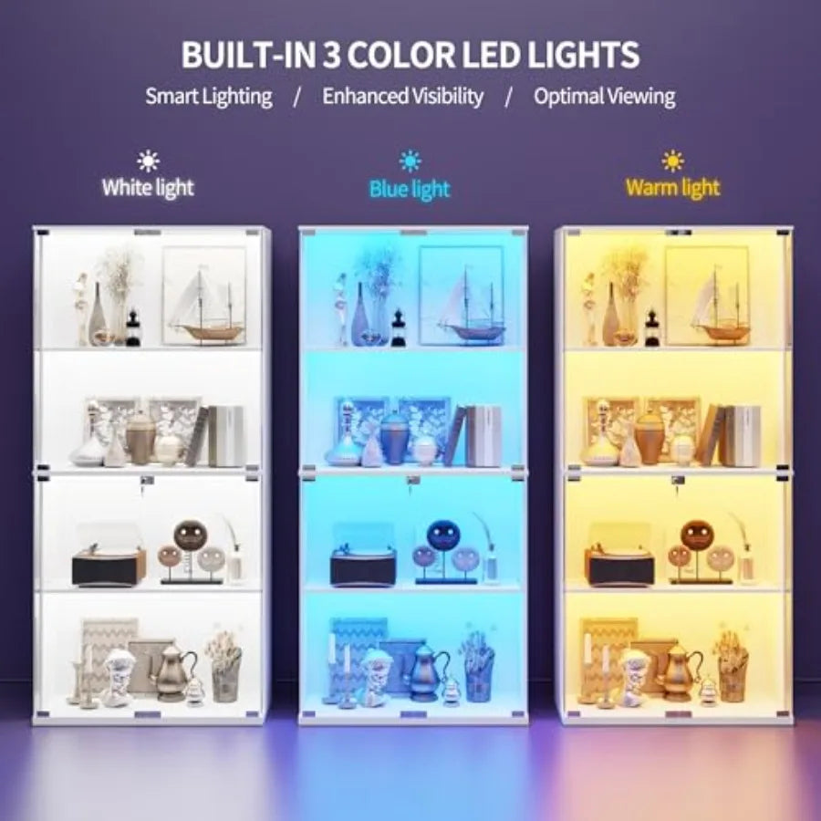 66 Glass Display Cabinet for Collectibles, Toys, Books - White Tempered Glass with 3-Color LED Lights, Lockable Storage, Motion