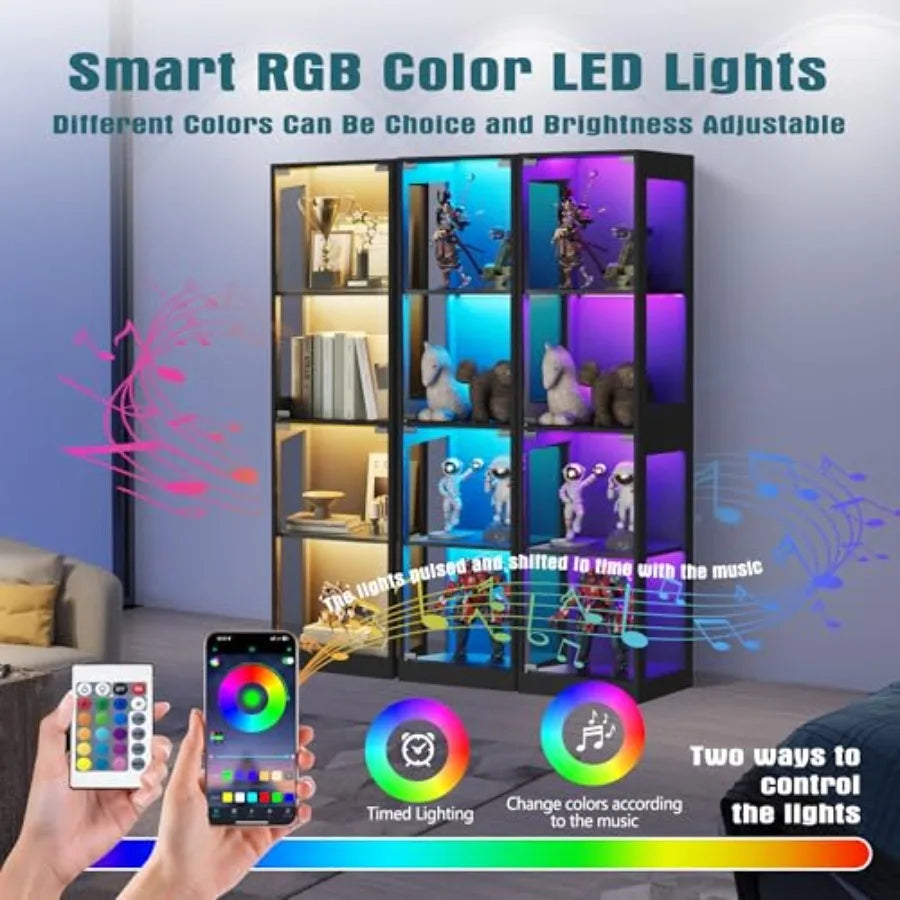 Vitrina de vidrio con estructura negra y luces LED RGB multicolor en estantes interiores