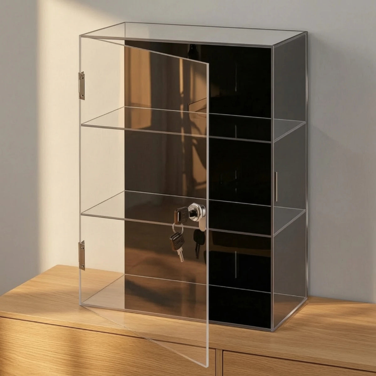 Vitrina de acrílico con 3 niveles transparente e interior negro, con cerradura y llaves
