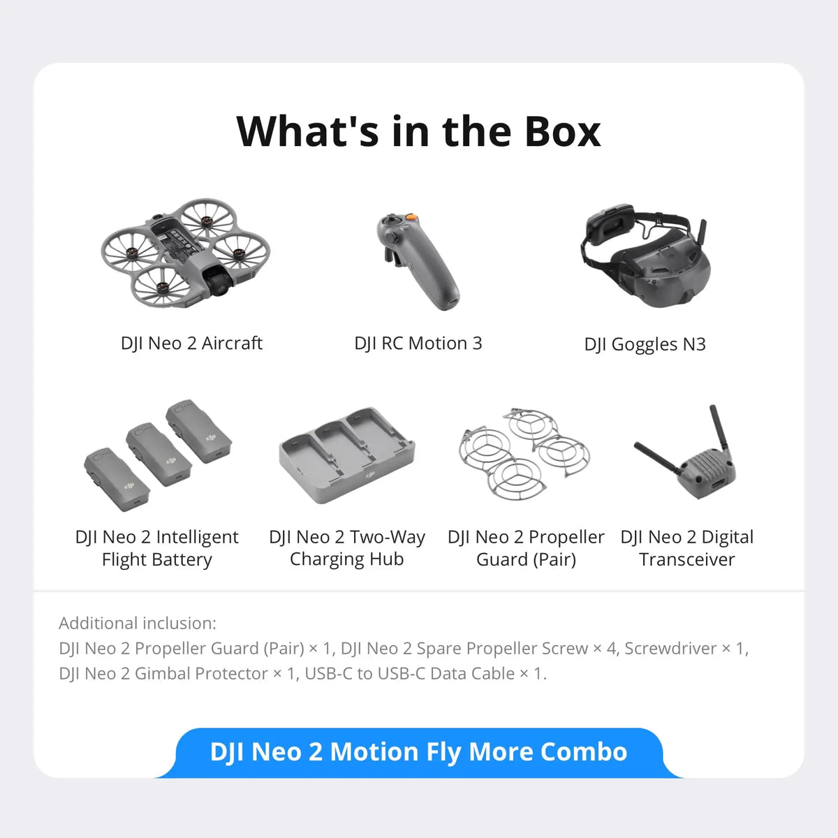 Dron DJI Neo 2 y accesorios en caja: control remoto, gafas y baterías