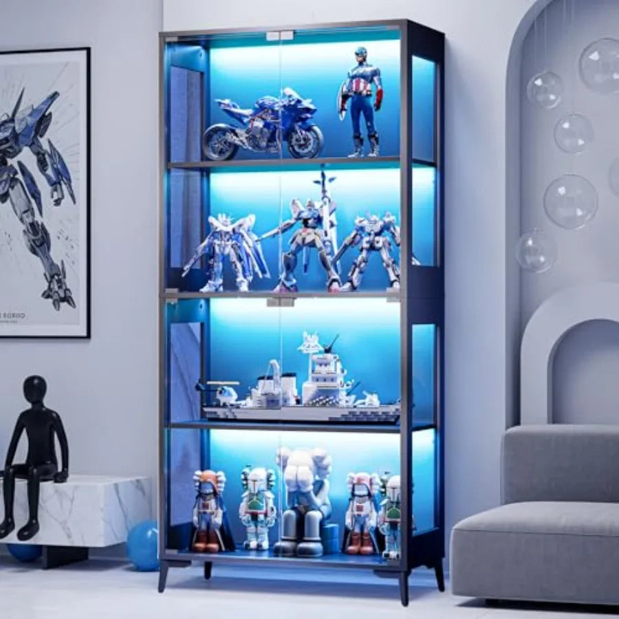 Gabinete vitrina de vidrio con base metálica negra y estantes iluminados en azul