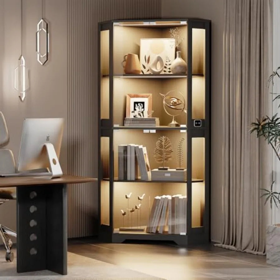 Vitrina esquinera iluminada con puertas de cristal para coleccionables