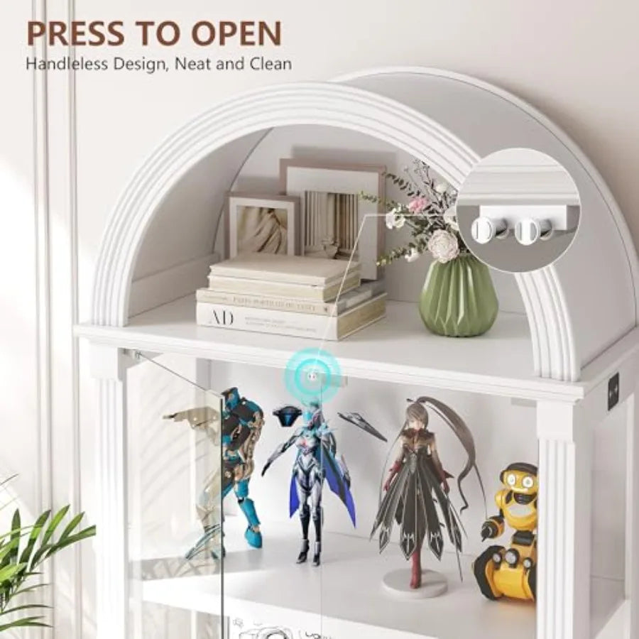 Arched display cabinet for living room, tempered glass doors, white finish, human sensor LED lights, 4-tier curio cabinet for c